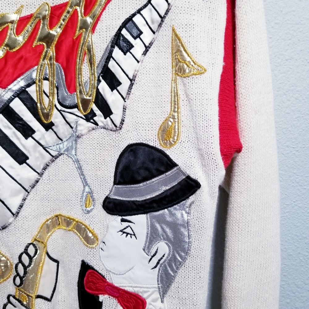 Vintage retro 80's glam JAZZ piano music party gold sweater SMALL - Picture 6 of 10